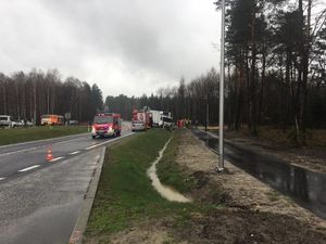 zdjęcie z miejsca wypadku , w oddali widoczne samochody stojące na poboczu oraz ludzie